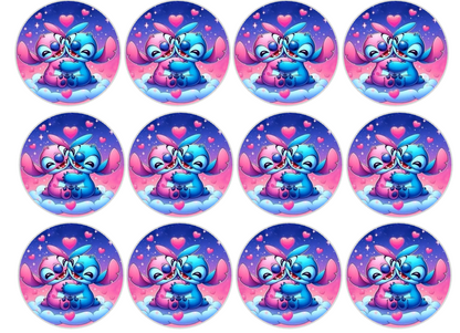 Set of 12 "Lilo and Stitch" pre cut edible image discs for desserts, drink toppers, choose your size