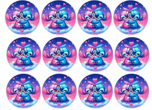 Set of 12 "Lilo and Stitch" pre cut edible image discs for desserts, drink toppers, choose your size