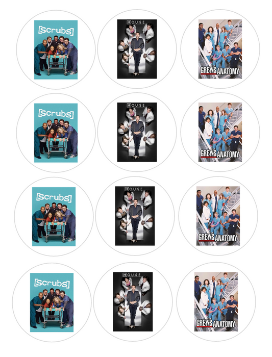 Set of 12 Medical TV shows, scrubs, greys anatomy, house, pre cut edible image discs for desserts, choose your size