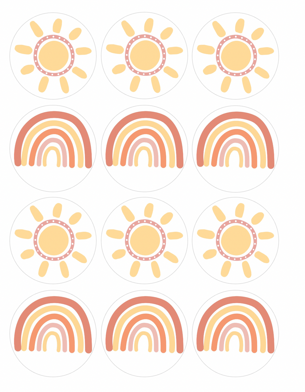 Set of 12 "Sun and Rainbow" pre cut edible image discs for desserts, drink toppers, choose your size
