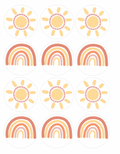 Set of 12 "Sun and Rainbow" pre cut edible image discs for desserts, drink toppers, choose your size