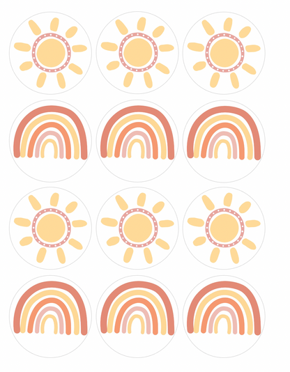 Set of 12 "Sun and Rainbow" pre cut edible image discs for desserts, drink toppers, choose your size