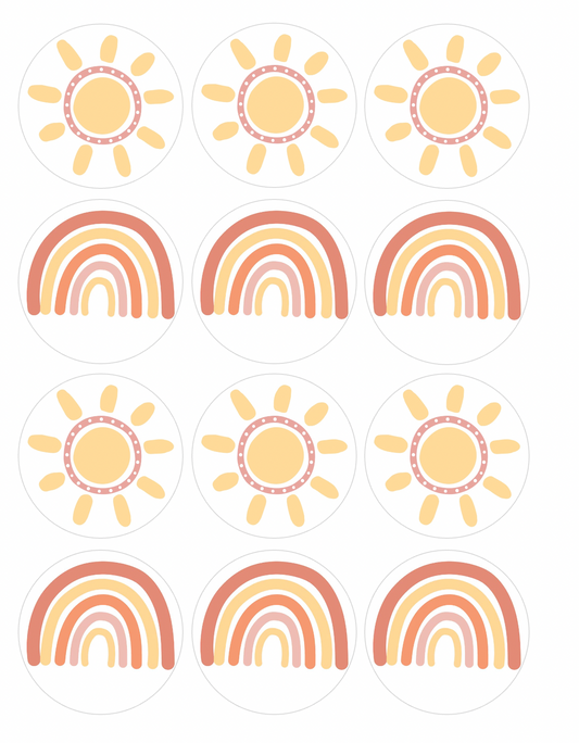 Set of 12 "Sun and Rainbow" pre cut edible image discs for desserts, drink toppers, choose your size