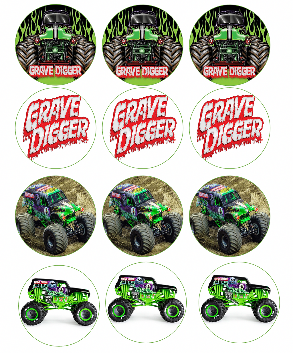 Set of 12 Grave Digger Monster Jam pre cut edible image discs for desserts, choose your size