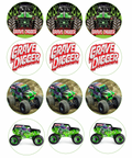 Set of 12 Grave Digger Monster Jam pre cut edible image discs for desserts, choose your size