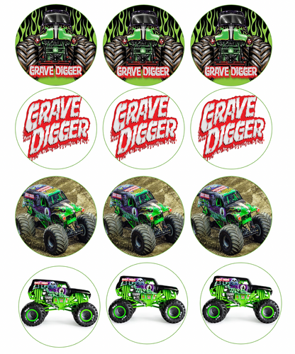 Set of 12 Grave Digger Monster Jam pre cut edible image discs for desserts, choose your size