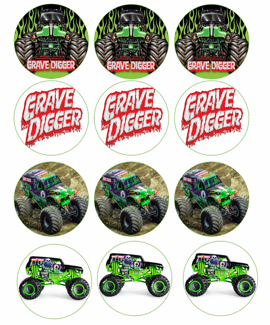 Set of 12 Grave Digger Monster Jam pre cut edible image discs for desserts, choose your size