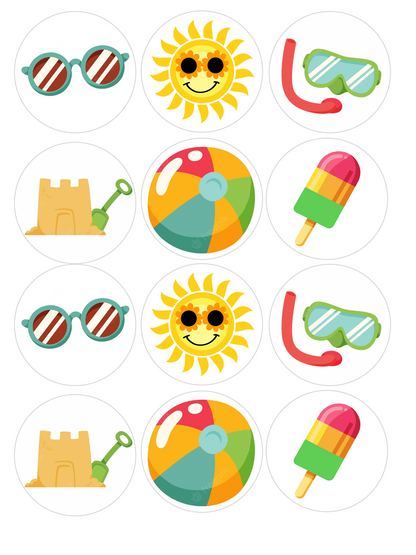 Set of 12 "Summer Beach Theme" pre cut edible image discs for desserts, drink toppers, choose your size