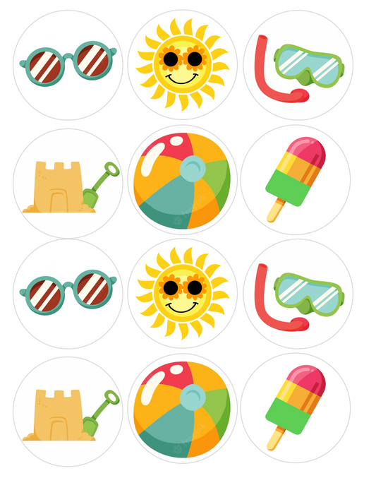 Set of 12 "Summer Beach Theme" pre cut edible image discs for desserts, drink toppers, choose your size