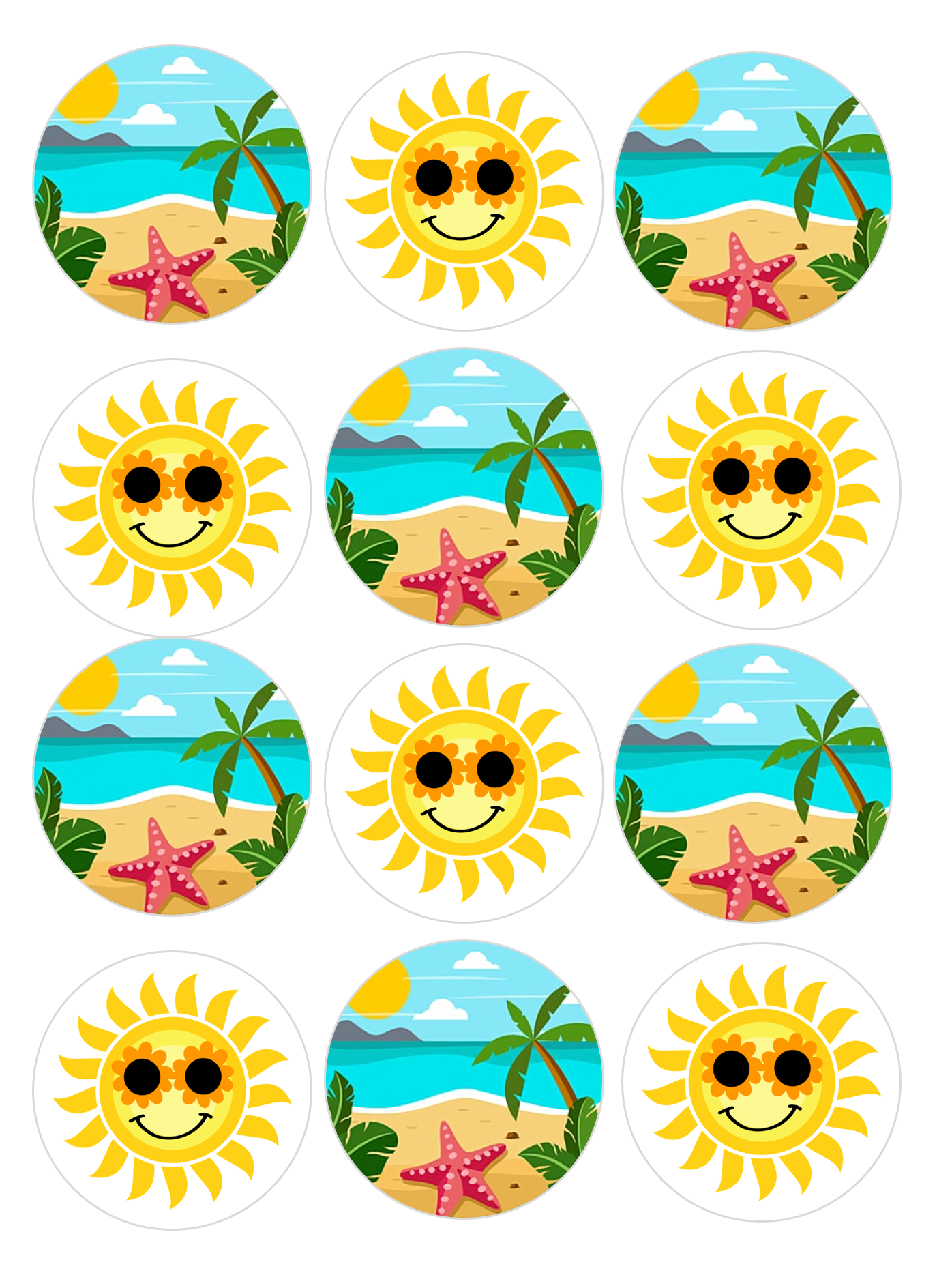 Set of 12 "Summer Beach Theme" pre cut edible image discs for desserts, drink toppers, choose your size