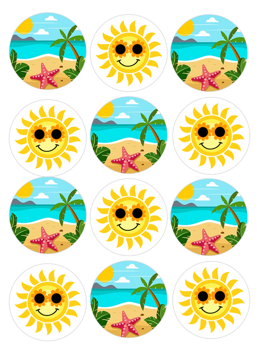 Set of 12 "Summer Beach Theme" pre cut edible image discs for desserts, drink toppers, choose your size