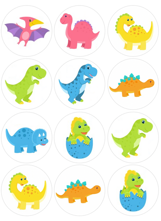 Set of 12 "Cute Baby Dinosaurs" pre cut edible image discs for desserts, drink toppers, choose your size
