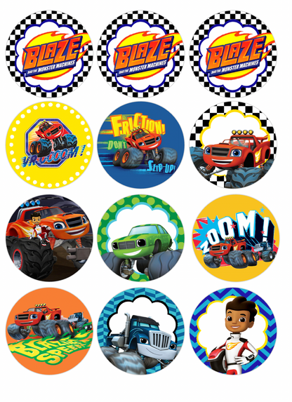 Set of 12 "Blaze and the Monster Machines" pre cut edible image discs for desserts, choose your size