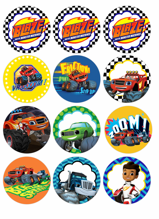 Set of 12 "Blaze and the Monster Machines" pre cut edible image discs for desserts, choose your size