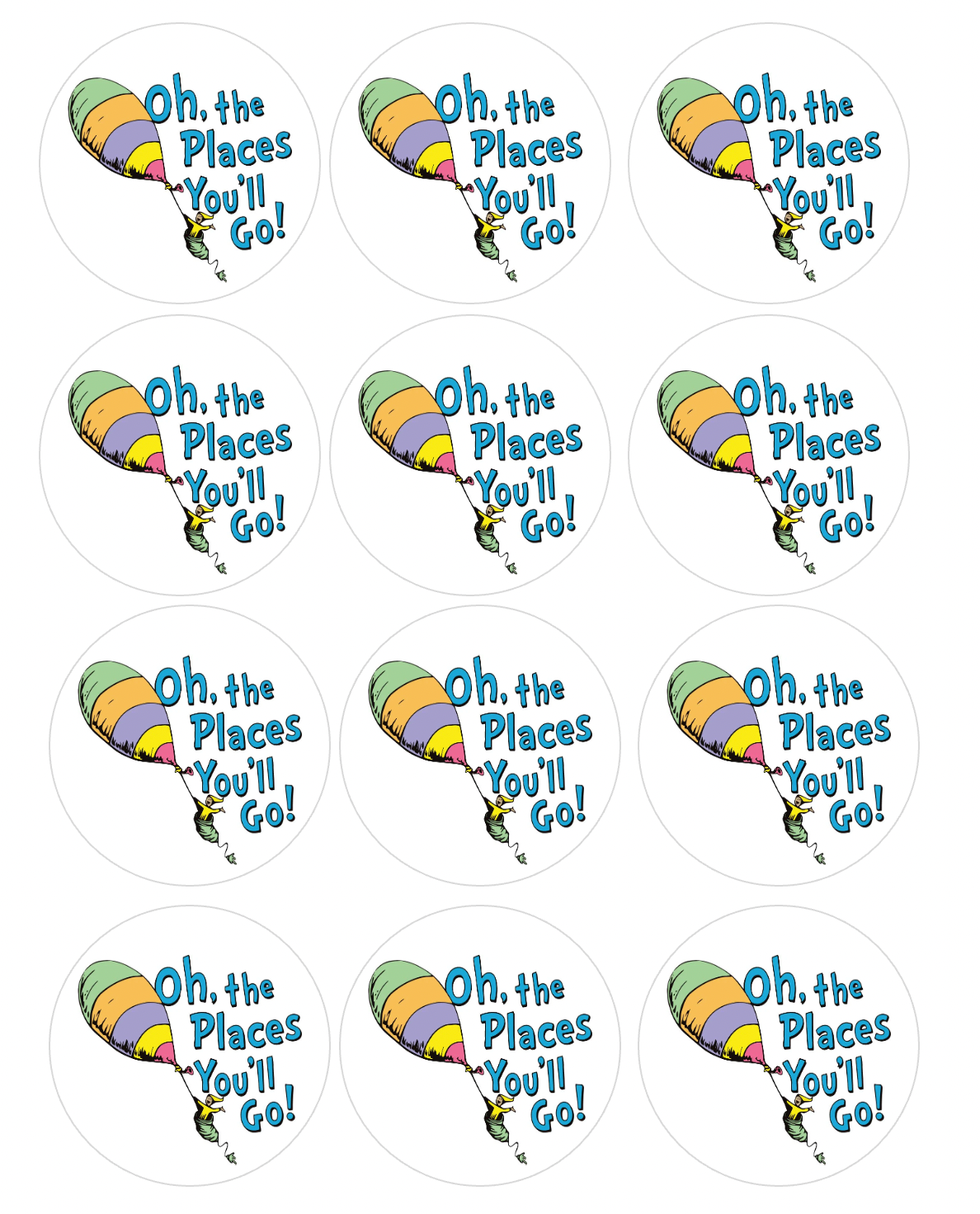 Set of 12 "Oh The Places You'll Go" pre cut edible image discs for desserts, choose your size