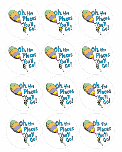 Set of 12 "Oh The Places You'll Go" pre cut edible image discs for desserts, choose your size