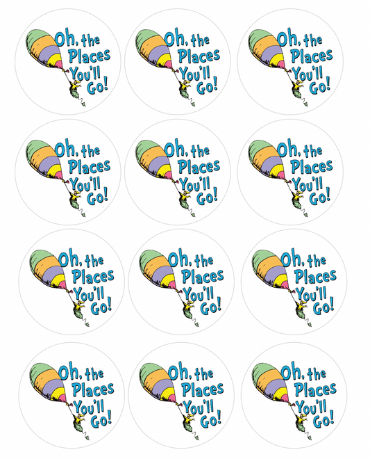 Set of 12 "Oh The Places You'll Go" pre cut edible image discs for desserts, choose your size