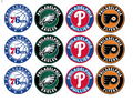 Set of 12 "Philadelphia Sports" pre cut edible image discs for desserts, choose your size