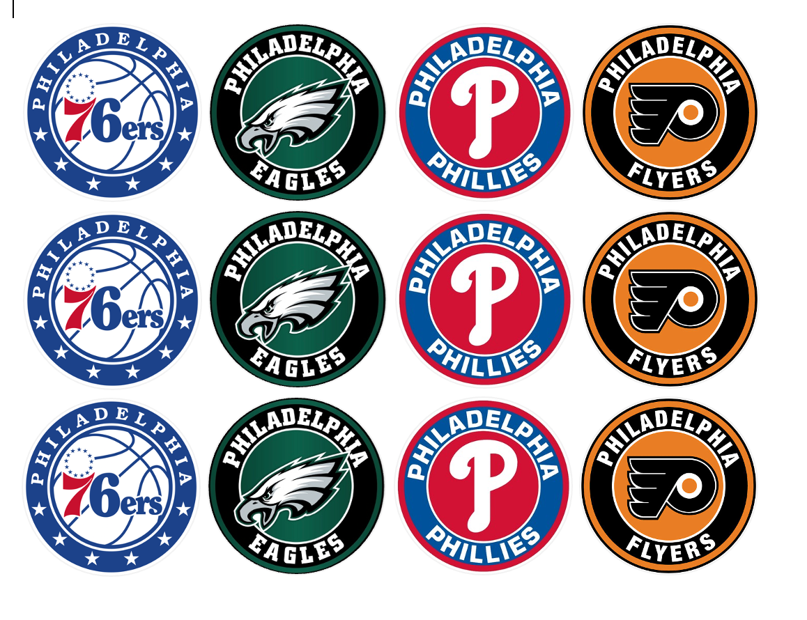 Set of 12 "Philadelphia Sports" pre cut edible image discs for desserts, choose your size