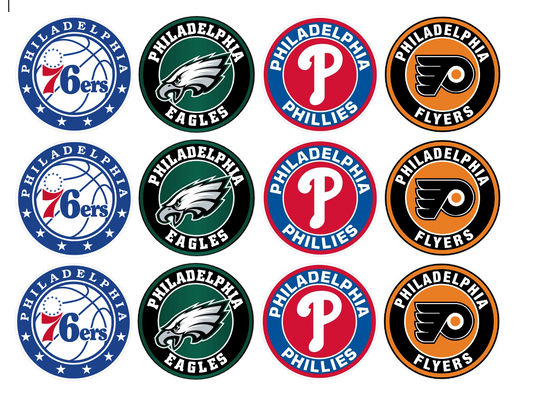 Set of 12 "Philadelphia Sports" pre cut edible image discs for desserts, choose your size