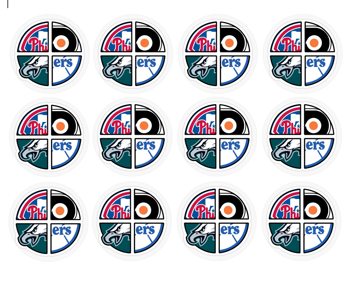 Set of 12 "Philadelphia Sports" pre cut edible image discs for desserts, choose your size