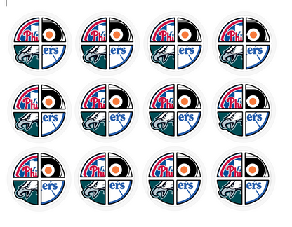Set of 12 "Philadelphia Sports" pre cut edible image discs for desserts, choose your size