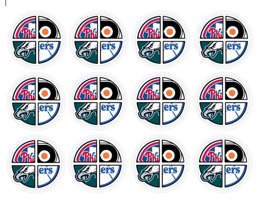 Set of 12 "Philadelphia Sports" pre cut edible image discs for desserts, choose your size