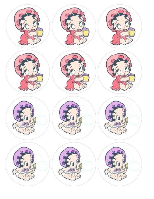 Set of 12 "Baby Betty Boop" pre cut edible image discs for desserts, choose your size