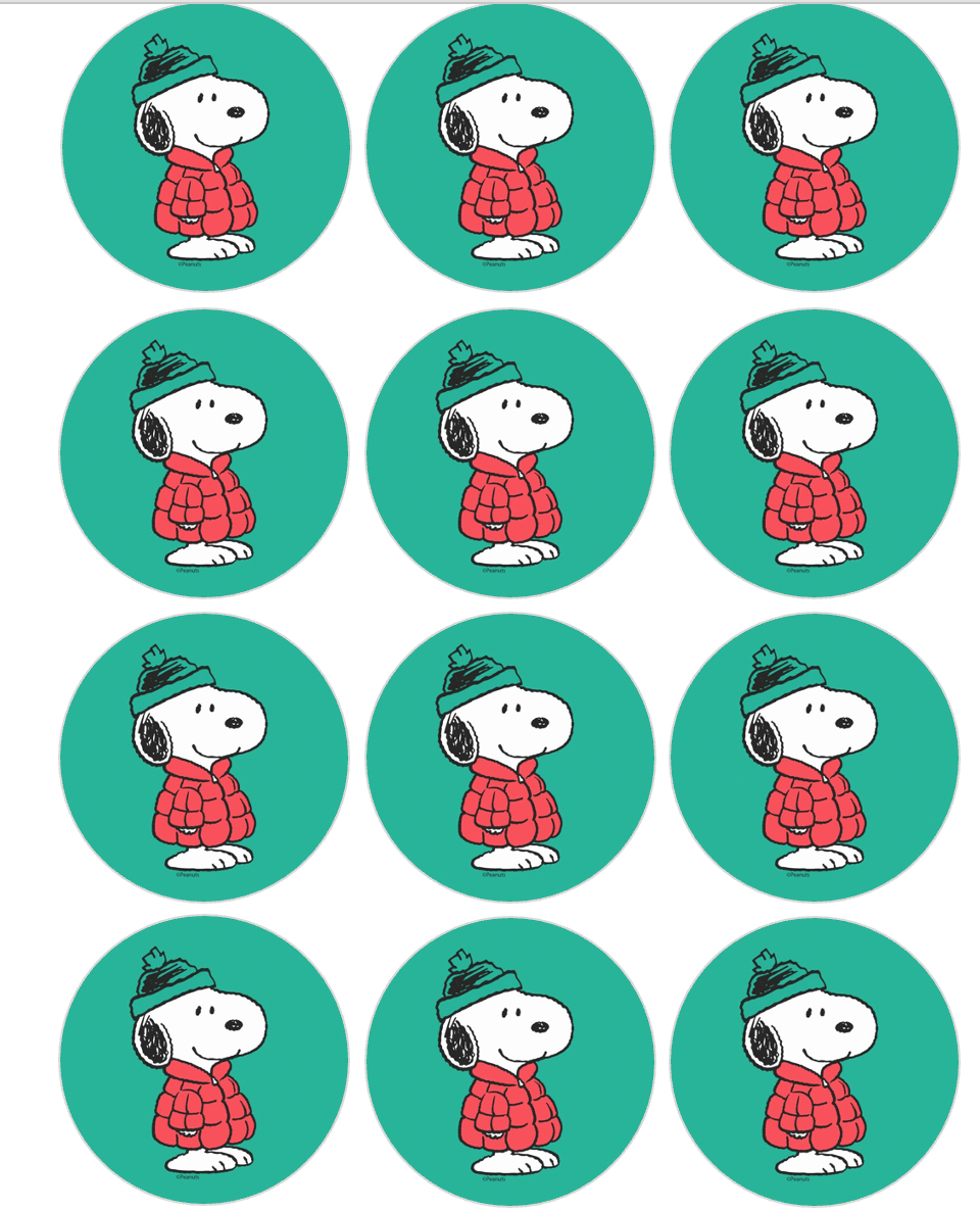 Set of 12 "Christmas Snoopy" pre cut edible image discs for desserts, choose your size