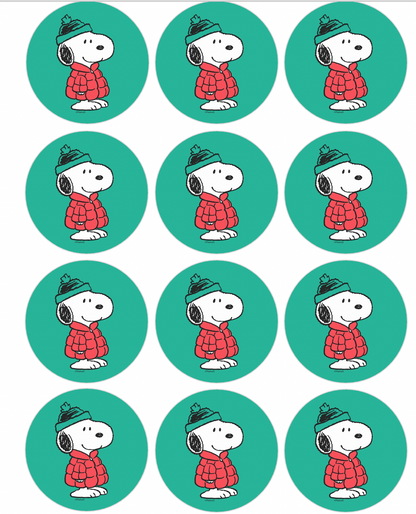 Set of 12 "Christmas Snoopy" pre cut edible image discs for desserts, choose your size