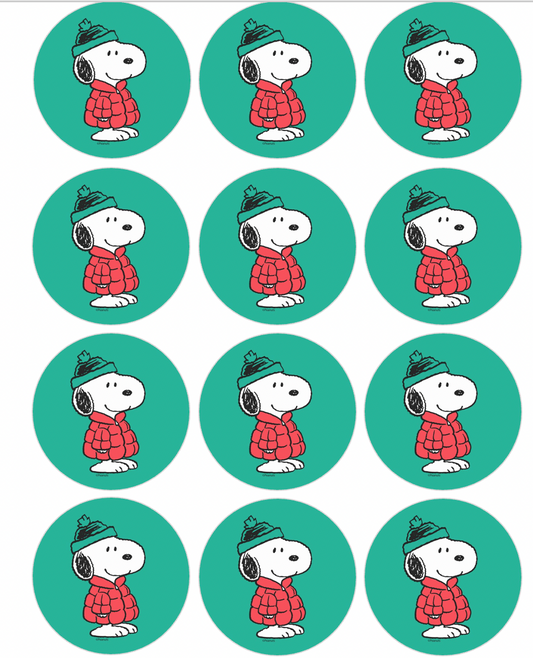 Set of 12 "Christmas Snoopy" pre cut edible image discs for desserts, choose your size