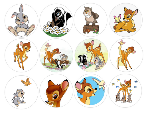 Set of 12 "Bambi" pre cut edible image discs for desserts, choose your size