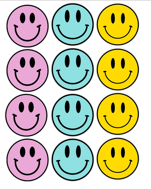 Set of 12 "Smiley Faces" pre cut edible image discs for desserts, choose your size