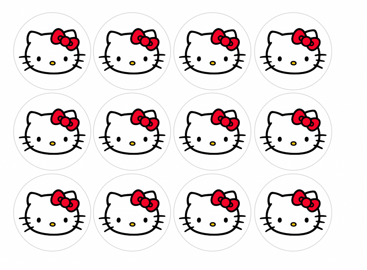 Set of 12 "Hello Kitty" pre cut edible image discs for desserts, drink toppers, choose your size