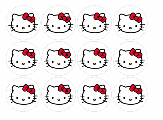 Set of 12 "Hello Kitty" pre cut edible image discs for desserts, drink toppers, choose your size