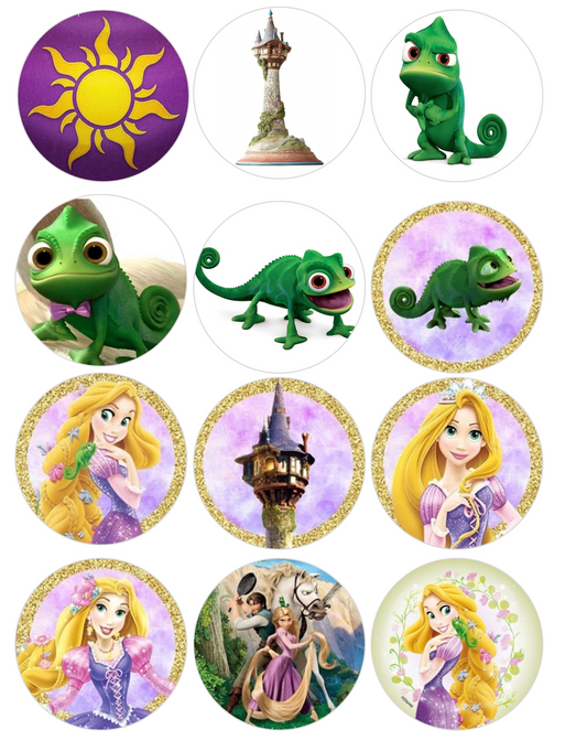 Set of 12 "Tangled" pre cut edible image discs for desserts, drink toppers, choose your size