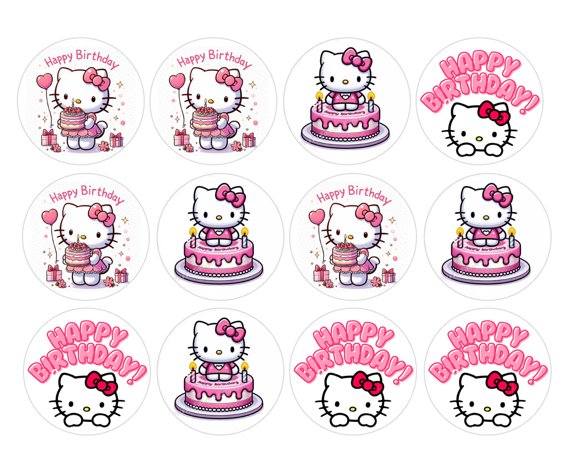 Set of 12 "Hello Kitty Happy Birthday" pre cut edible image discs for desserts, drink toppers, choose your size