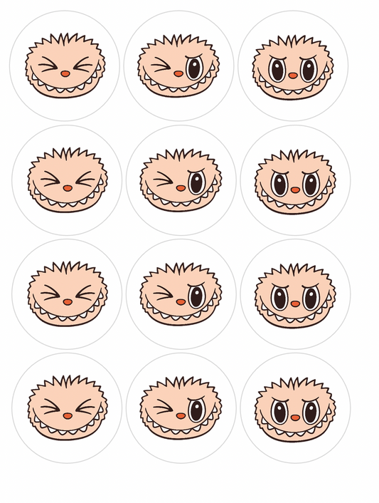 Set of 12 Labubu Faces pre cut edible image discs for desserts, choose your size