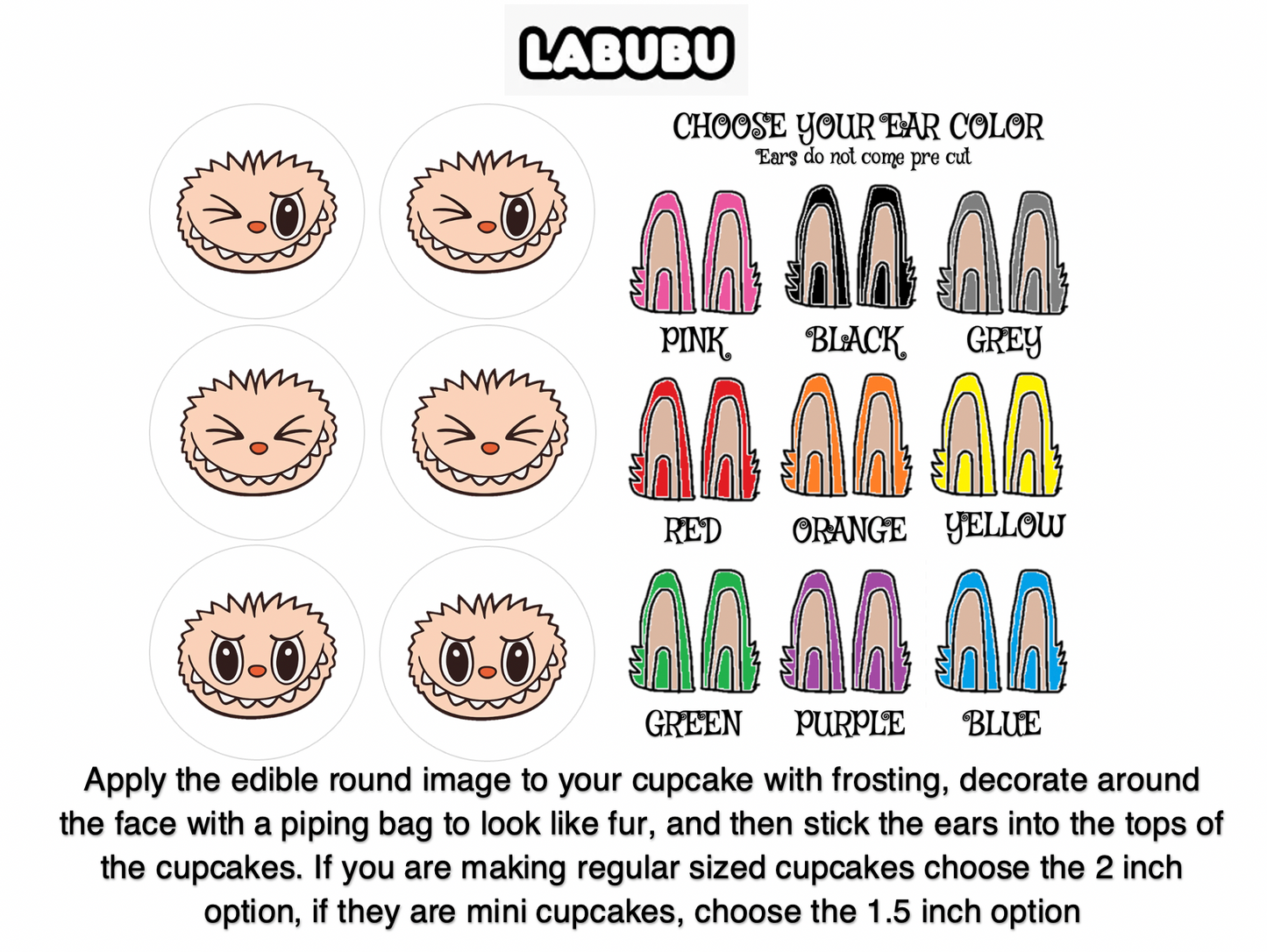 6 Labubu Faces + Ears for Cupcakes! Choose your ear color and face size