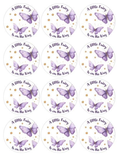 Set of 12 A Little Fairy Is on the Way, Baby Shower, pre cut edible image discs for desserts, choose your size
