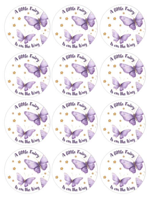 Set of 12 A Little Fairy Is on the Way, Baby Shower, pre cut edible image discs for desserts, choose your size