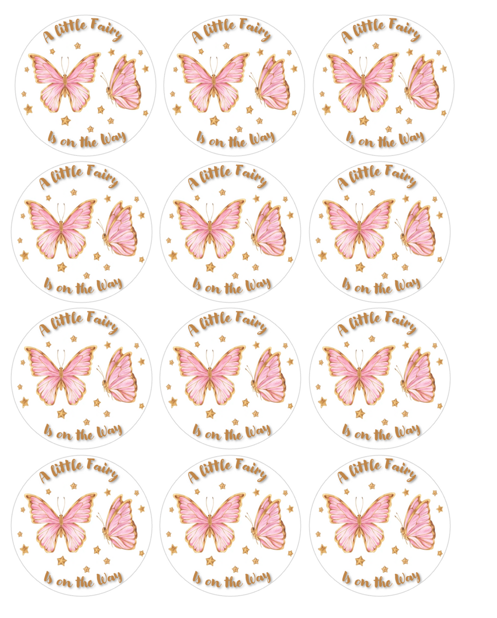 Set of 12 A Little Fairy Is on the Way, Baby Shower, pre cut edible image discs for desserts, choose your size