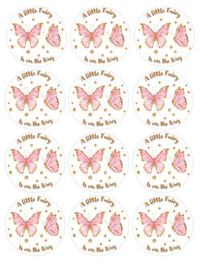 Set of 12 A Little Fairy Is on the Way, Baby Shower, pre cut edible image discs for desserts, choose your size