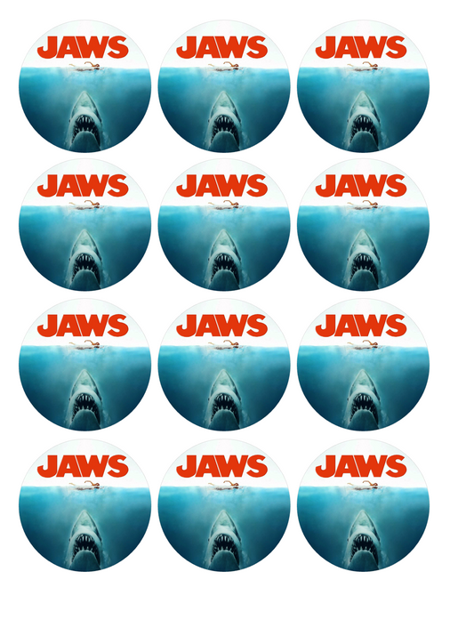 Set of 12 Jaws Movie, pre cut edible image discs for desserts, choose your size
