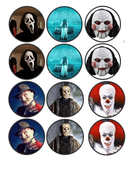 Set of 12 Scary Horror Movie pre cut edible image discs for desserts, choose your size
