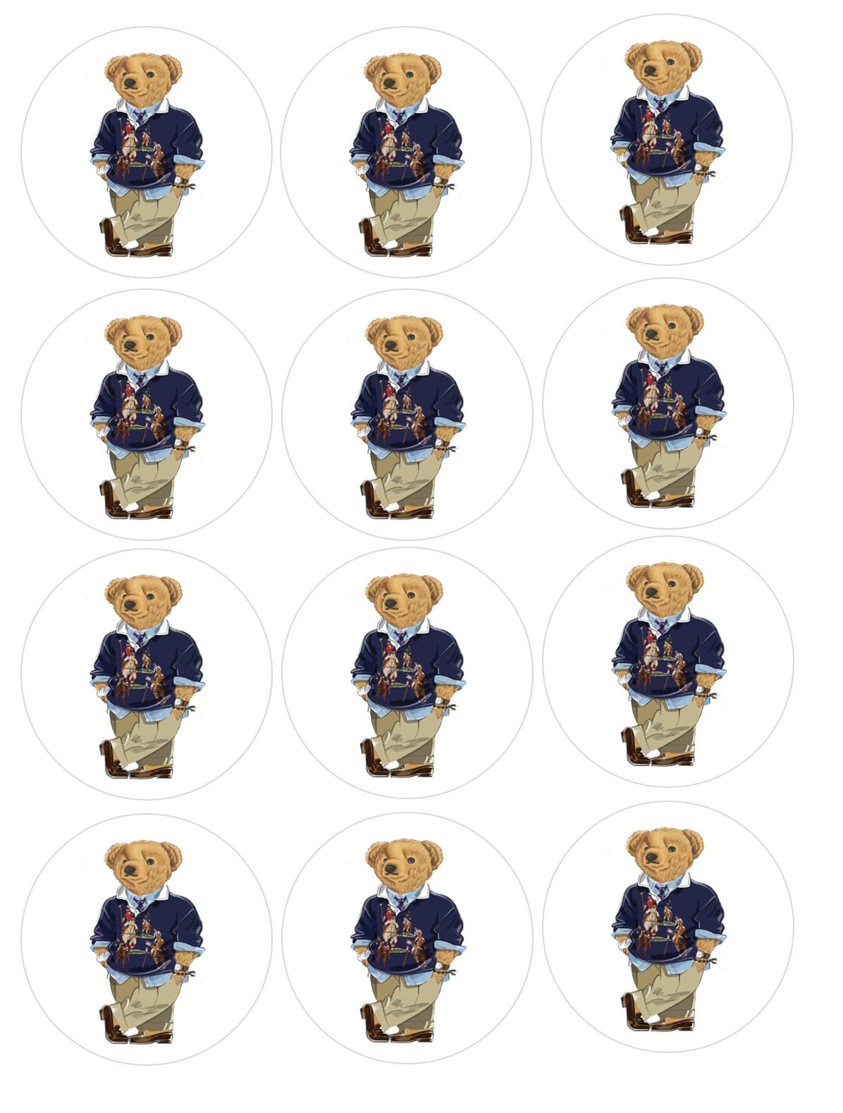 Set of 12 Ralph Lauren Polo Teddy Bear pre cut edible image discs for desserts, choose your size