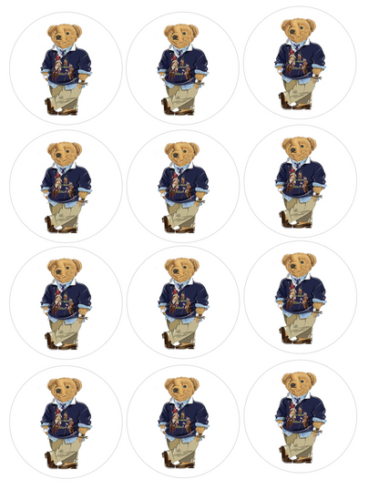 Set of 12 Ralph Lauren Polo Teddy Bear pre cut edible image discs for desserts, choose your size