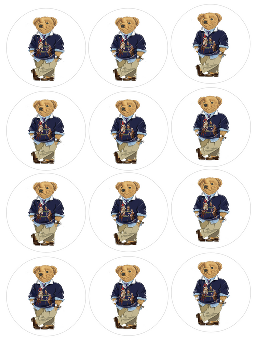 Set of 12 Ralph Lauren Polo Teddy Bear pre cut edible image discs for desserts, choose your size