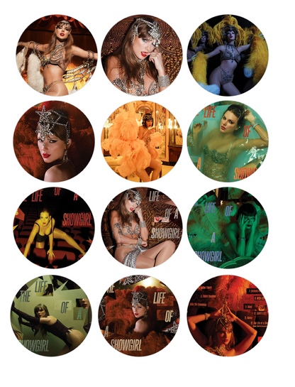 Set of 12 Taylor Swift "Life of a Showgirl" pre cut edible image discs for desserts, choose your size