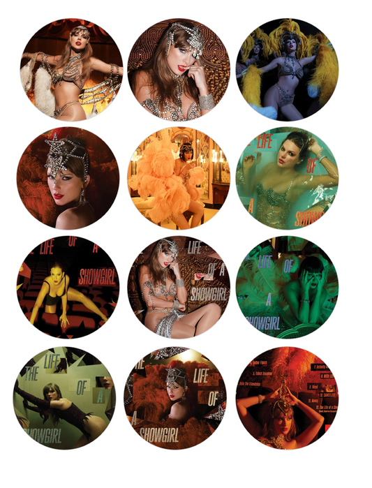 Set of 12 Taylor Swift "Life of a Showgirl" pre cut edible image discs for desserts, choose your size